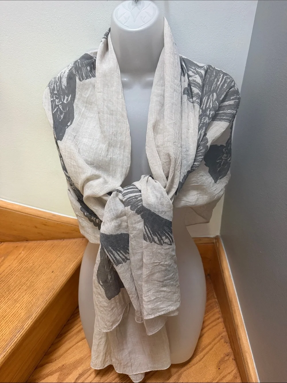 LOOK Bird Hummingbird Print Scarf Lightweight 100% Cotton Natural Neutral